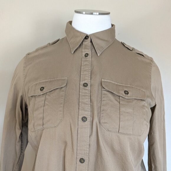 Chaps 100% Cotton British Tan Button Down SHirt Military Epaulette 2X - Picture 1 of 7